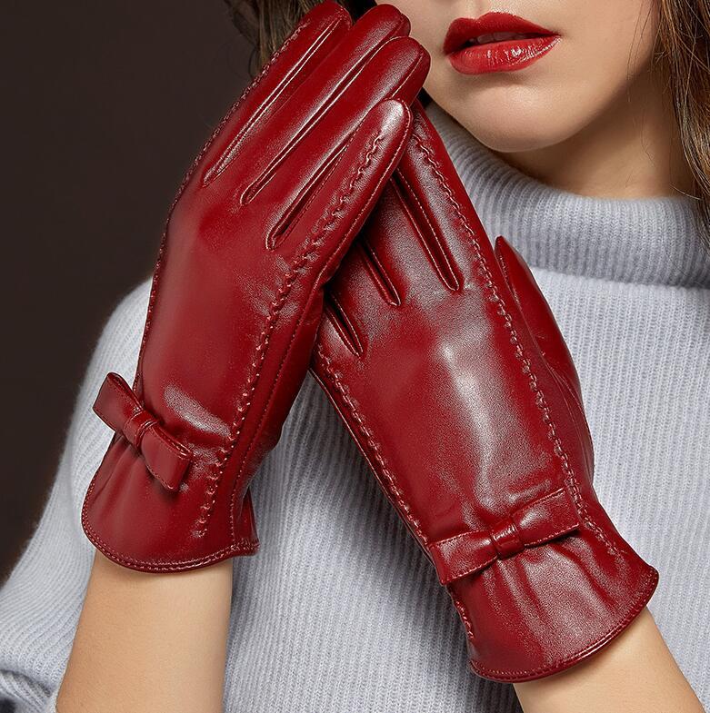 

Women's genuine sheepskin leather touchscreen driving gloves female autumn winter thicken warm lining leather glove R1086