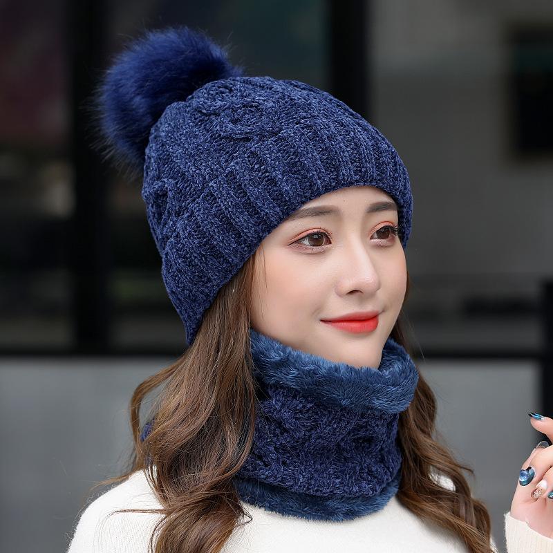 

Winter New Chenille Knitted Hat Plush Thickened Warm Wool Ball Hat Women's Skullies Beanie Two Piece Set, Black