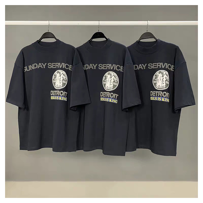 

2021 Summer New Kanye West Sundy Service o Neck Blue t Shirt Men and Women Oversize Hip Hop Tshirts Short Sleeve Pullover Tees Dkeb, Navy blue