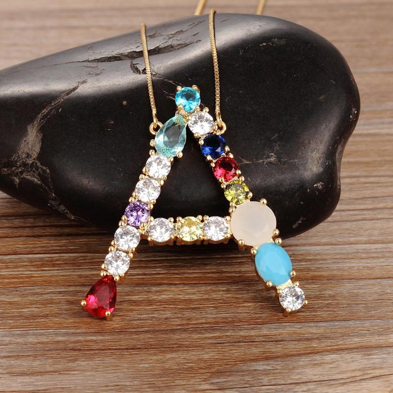 

High Quality Wholesale 26 Letters Multi-color CZ Necklace DIY Copper Pendant Women Girls Fine Party Jewelry Best Family Gifts