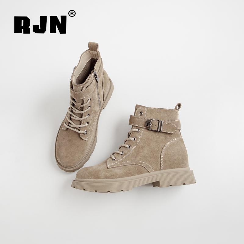 

RJN Women's Ankle Boots Buckle Decoration Sewing Cow Suede Spring Boots Comfortable Round Toe Square Low Heel Shoes RO071, Black