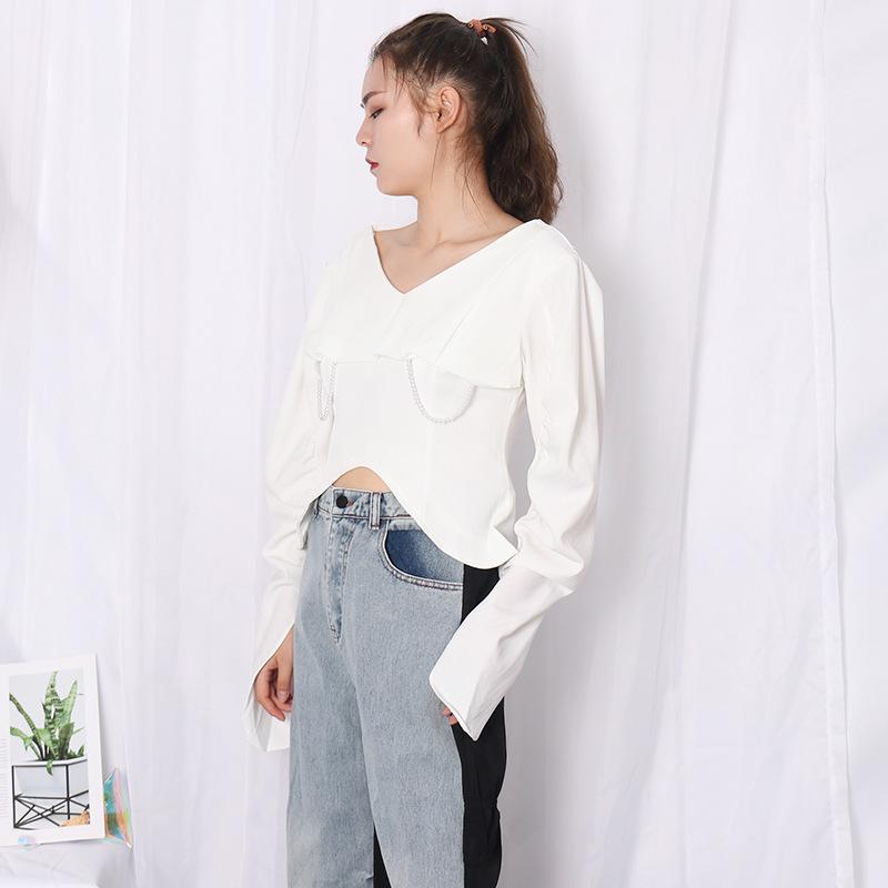 

2021 Women' Wear Solid Color Arc Hem Top V Thin And Versatile Long Sleeve Shirt, White