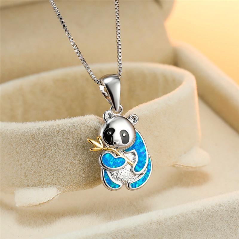 

Blue/White Fire Opal Cute Panda Pendant Necklaces For Women White Gold Animal Jewelry Female Engagement Necklace Wedding Present