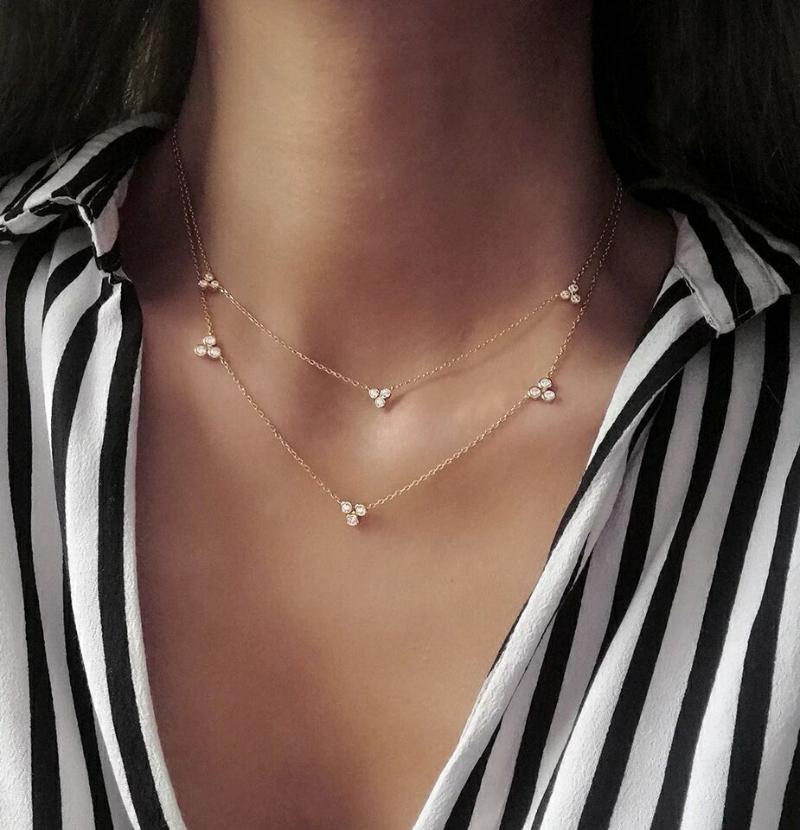 

2020 Thin delicaate chain geometric triangle cz charm 3 pcs bezel cz Rose gold color choker collarbone chain women necklace new