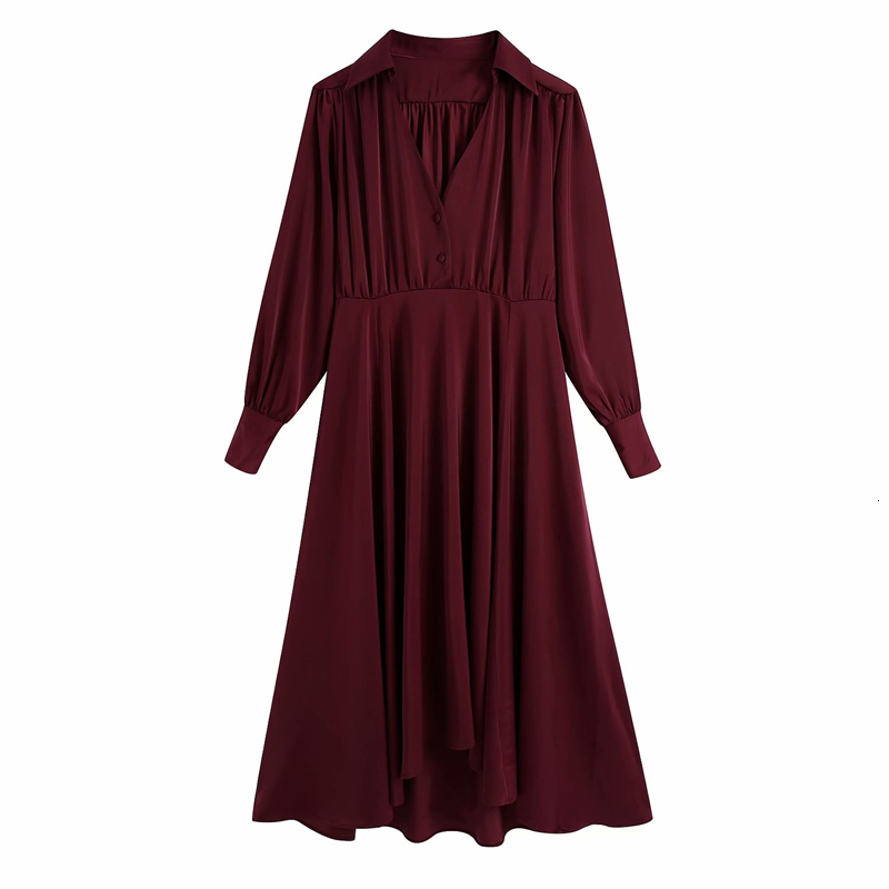 

2021 New Causal Claret De Cetim Outono Moda Senhoras Vestidos Com Decote Em v Elegante Feminino Macio Vestido Chique Menina K9or, Burgundy