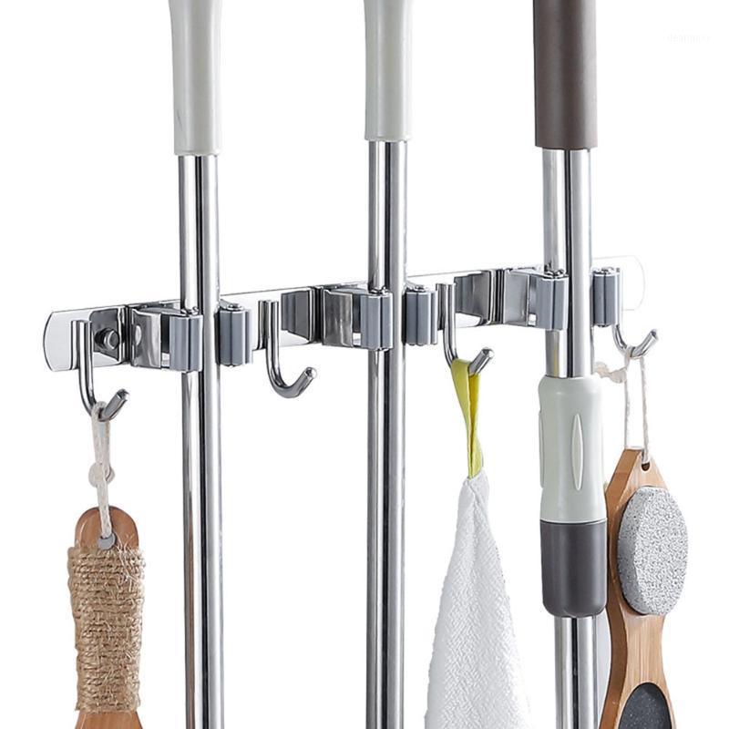 

Broom Mop Holder Wall Mount Stainless Steel Mop Hanger Organizer 3 Racks 4 Hooks for Bathroom Garden HFing1