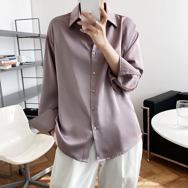 

2021 New Autumn Satin Blouse Turn Down Collar Long Sleeve Blouses Elegant Shirt Tops for Women Clothes W7fj, Black