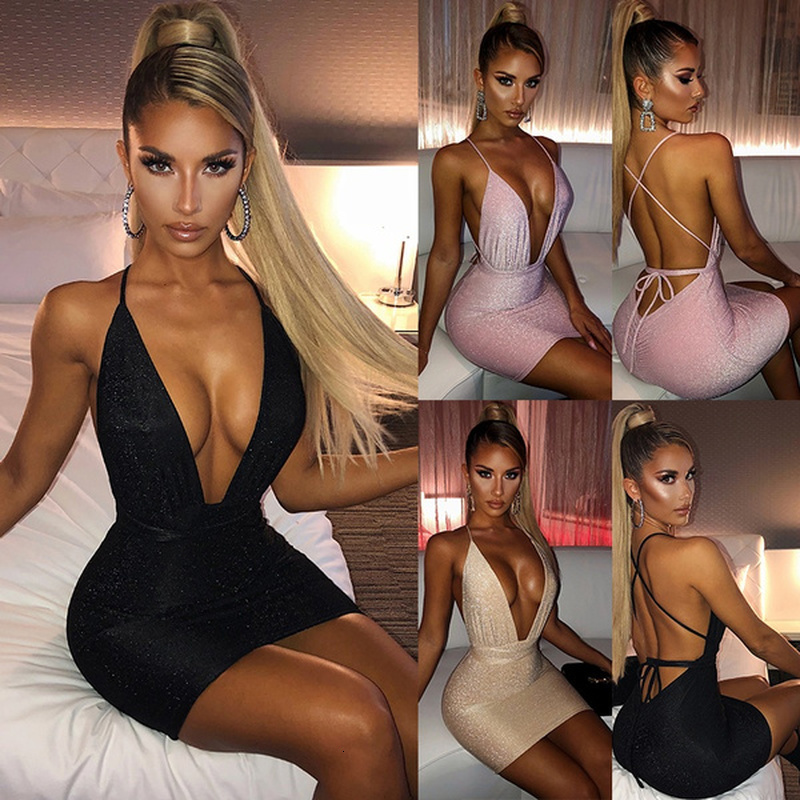 

2021 New Sexy Summer Stylish Back Sling Dressed Low Deep Women Short Party Dress Club 3Q47, Beige