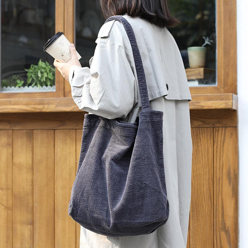 

Shoulder Bags Handbag Retro Corduroy Bag Leisure Art Canvas Simple Large Capacity Shopping, Black