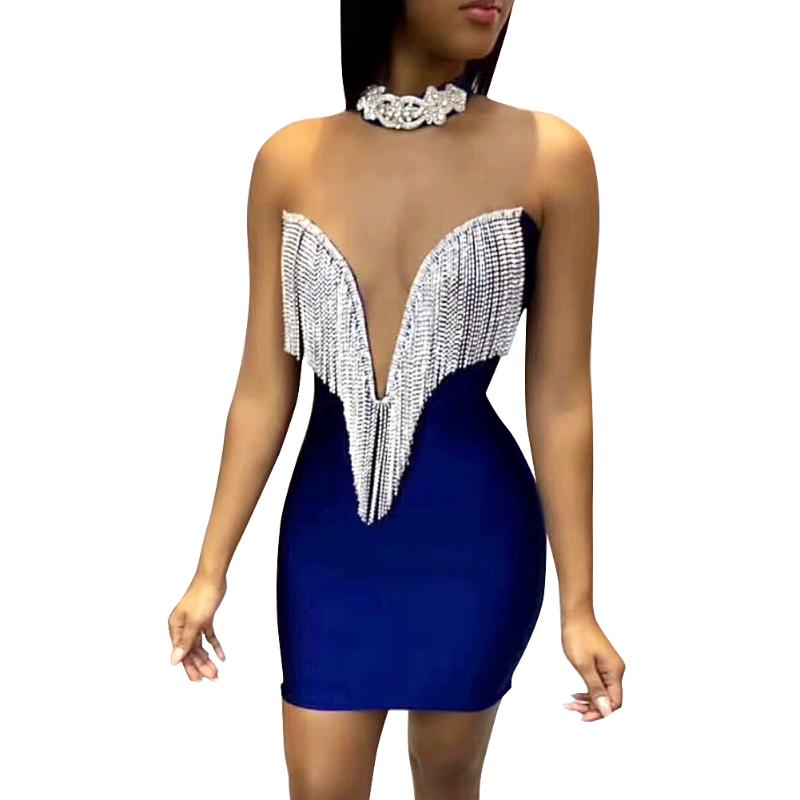 

High Quality Pink Crystal Tassel Sleeveless Celebrity Rayon Bandage Dress Party Bodycon Dress, Black