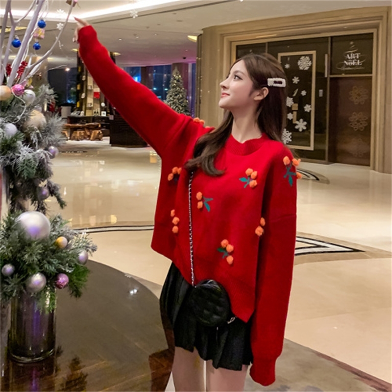 

2021 New Female Spring Cherry Embroidered Knitting Women's Sweater Neck Long Sleeve Crocheted Hot Lady Tops E78l, Red