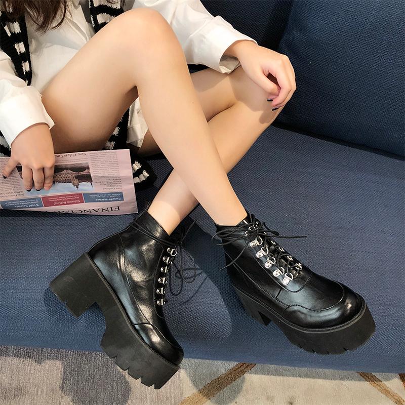 

Women's Platform Chunky Heels Woman Punk Motorcycle Ankle Boots Women Lace Up Thick Bottom Ladies Gothic Footwear Female Shoes, Black