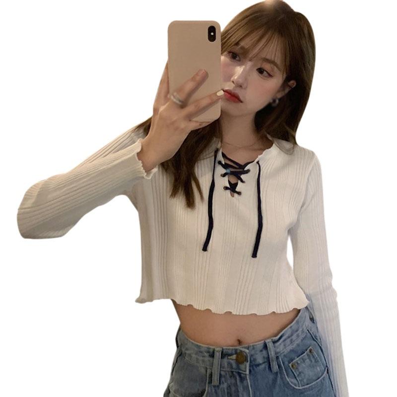 

Korean Style Short Fashion Lace Slim Bottoming TShirt Solid Color Long Sleeves Women's Knitted Top