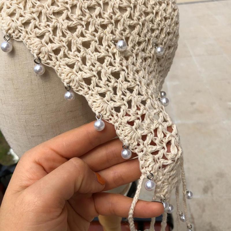 

202005- YC2108 new Pearl fringe Retro Fairy Hand crochet leisure lady bucket cap women fishermen hat, Black