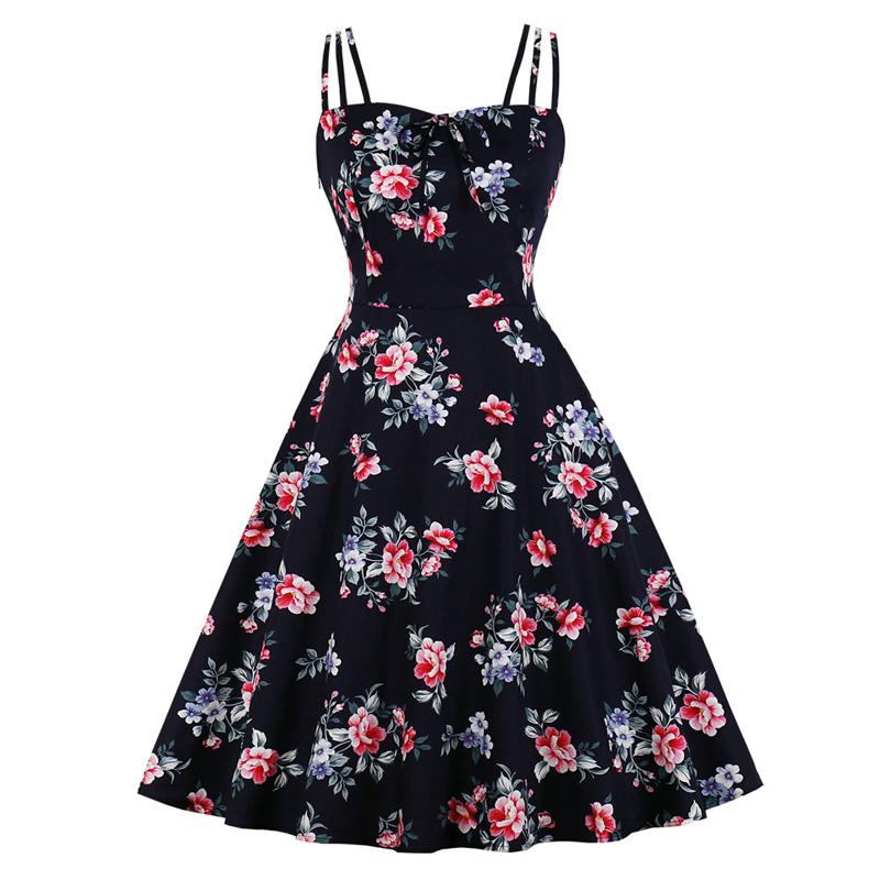 

Floral Print Tie Front Slip Dress Vintage Pin Up A Line Party Spaghetti Strap Elegant Summer Cotton Plus Size Women Clothing, Beach dress 9