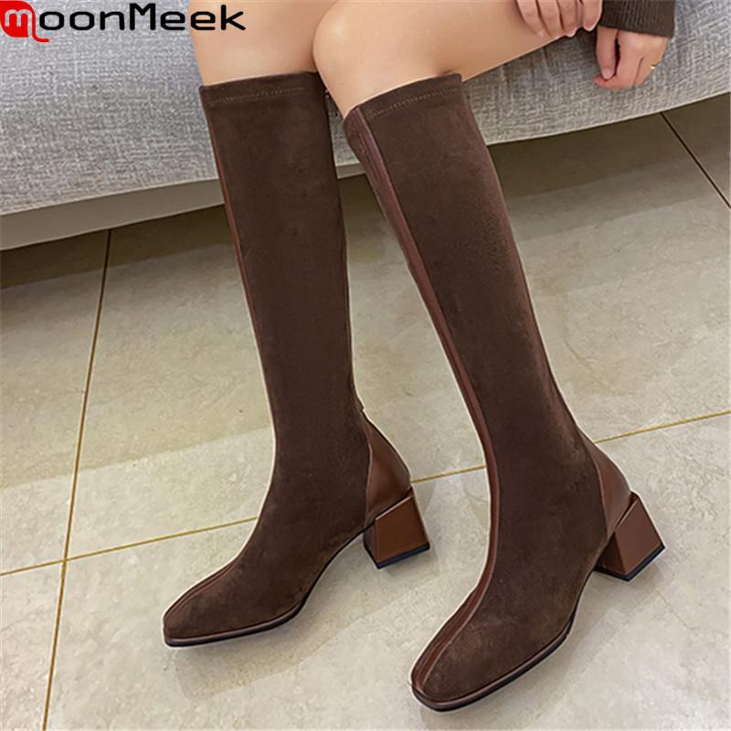 

MoonMeek 2021 Genuine leather boots thick heels square toe winter boots thick heels square toe 3 colors knee high, Black