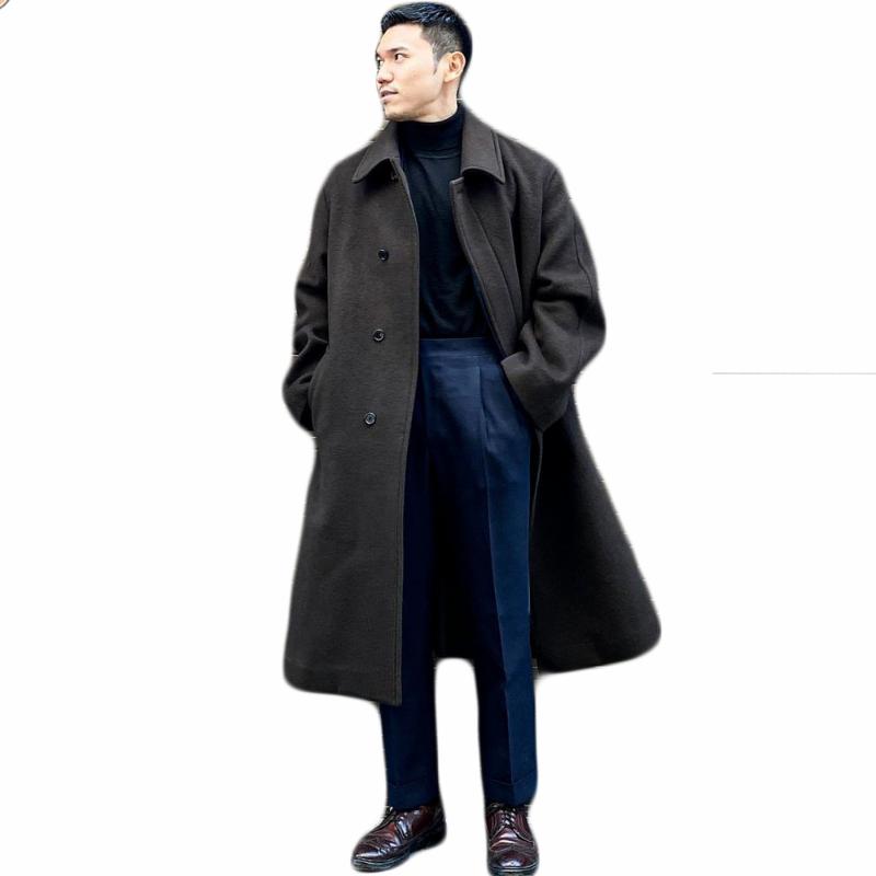 

Men' Woolen Overcoat England Style Singal Breasted Thick Loose Solid Long-Length Warm Casual Trench Winter Coat Male Jacket, Pic