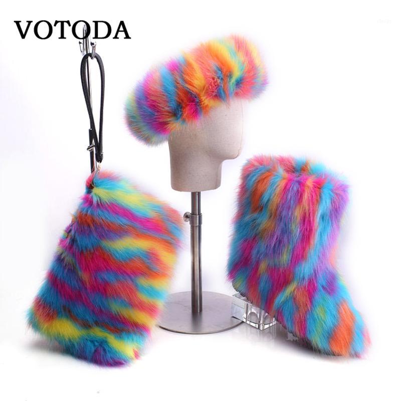 

Winter Warm Shoes Women Fur Snow Boots Bag headband Set Furry Ankle Boot Fluffy Fur Boot Flat Women Platform Botas Mujer1, Green set 1