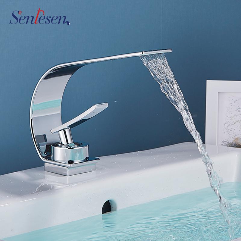 

Senlesen Bathroom Faucet Waterfall Basin Sink Tap Brass Deck Mounted Chrome Black Hot and Cold Water Faucet