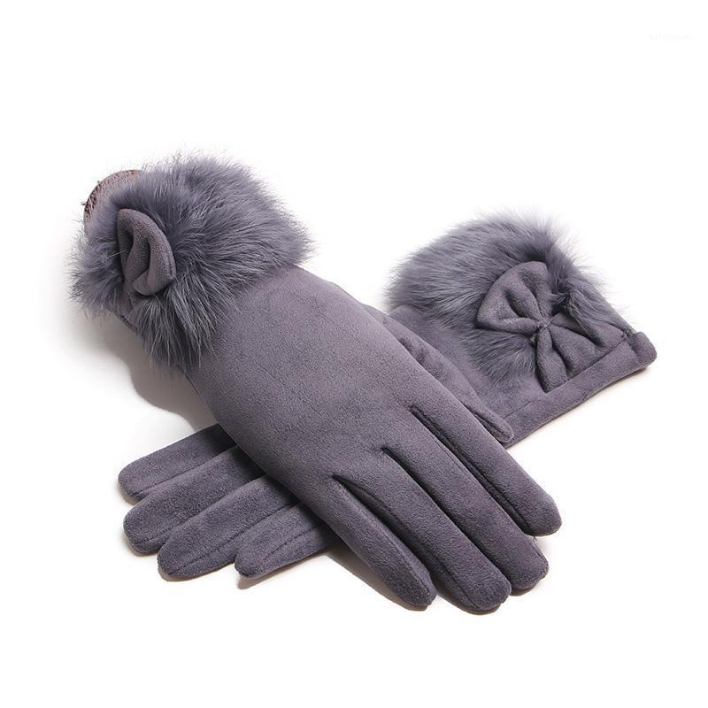 

Winter Female Suede Leather Bow Plush Wrist Mitten Women Thick Plus Plush Windproof Warm Touch Screen Driving Gloves J221