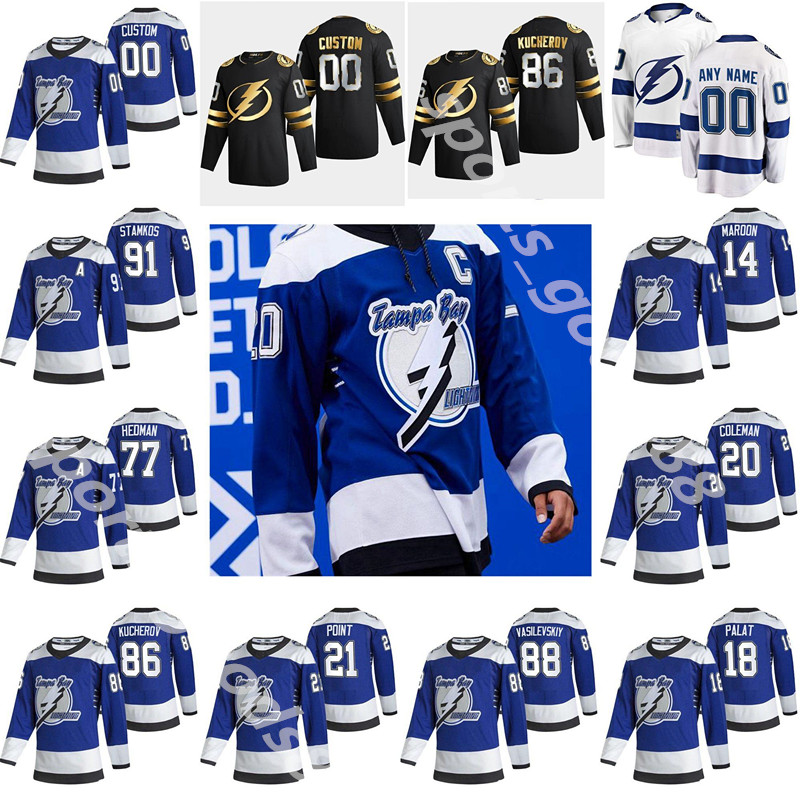 

Tampa Bay Lightning 2020-21 Reverse Retro Jersey 91 Steven Stamkos 86 Nikita Kucherov 77 Victor Hedman 21 Point 71 Cirelli Hockey Jerseys, Colour 7