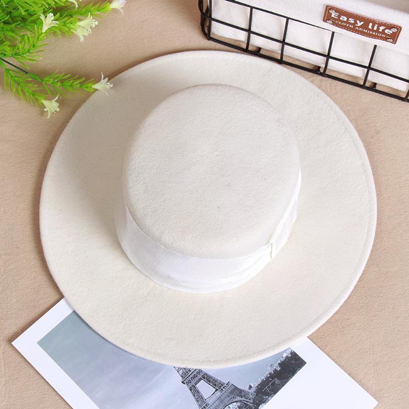 

Wide Brim Hats 2021 White Top Hat Female High-end Wool Felt British Flat Edge1