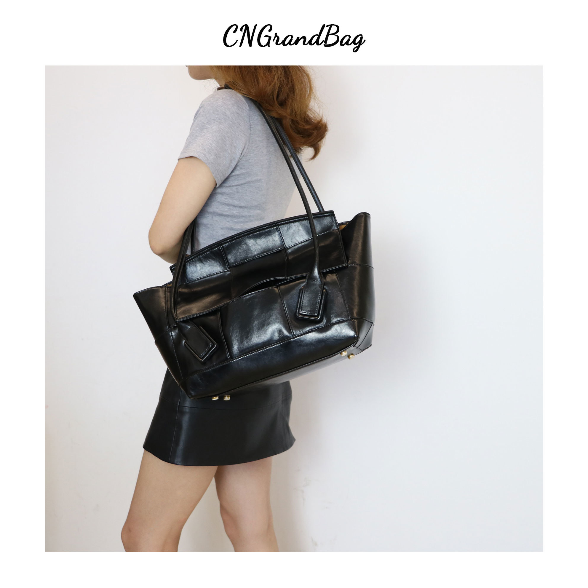 

Geninue Top handle Arco with Weave Lady Tote Arc-shaped Curved Handles Handbag Soft Leather Should Bag C0121, Black