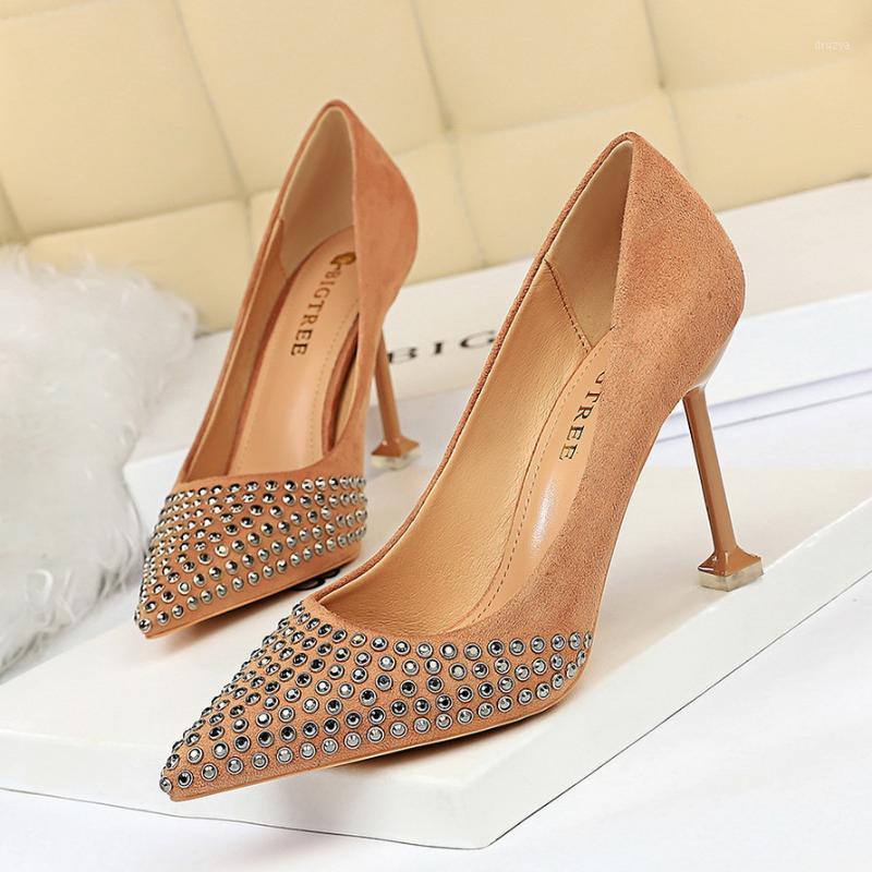 

Crystal rivet pumps Women High Heels shoes flock Slip on Slides shallow pointed toe sandals fashion zapatos mujer black khaki1