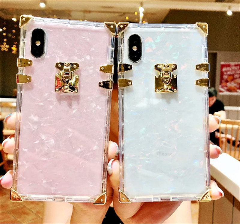 

Square Clear Phone Case For iPhone 11 8 7 7plus X Bling Metal Clear Crystal Cover Back for iPhone XS Max XR 6 6s 8 Plus Case, White