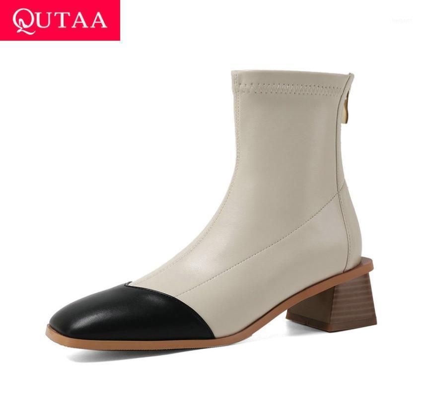 

QUTAA 2021 Ankle Boots Mixed Color PU Snakeskin Square Heel Women Shoes Autumn Winter Square Toe Zipper Short Boots Size 34-431, Beige