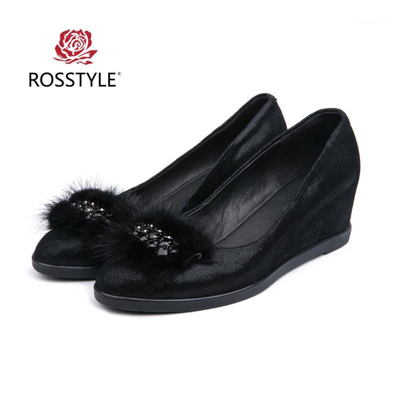 

ROSSTYLE Comfortable Increased Internal Shoes Sheepskin Genuine Leather Shoes Dazzle Black Crystal Slip On Pumps Women C11