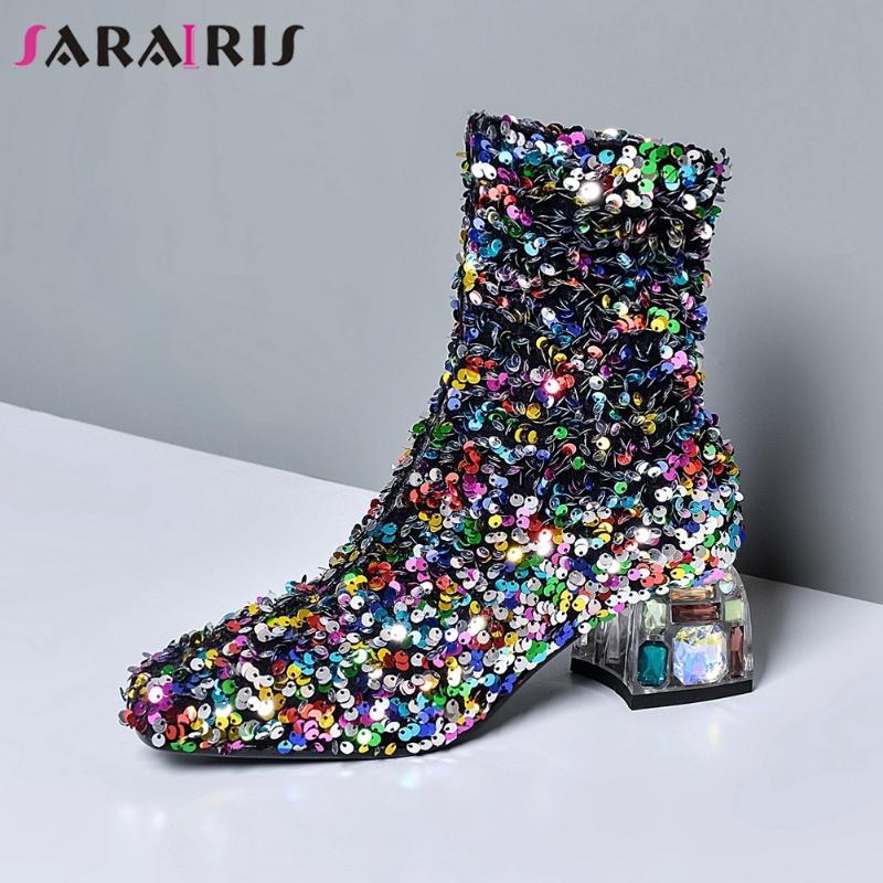 

SARAIRIS Bling Girl Color Boots Fahsion Round Toe Slip On Ankle Boots Women Squaer Heel Party Dress Clubwear Shoes Woman, Multicolor