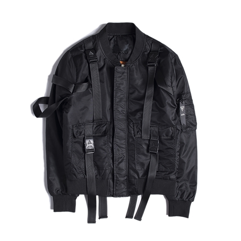 High quality Men Autumn winter Thick warm Multi-pocket Ribbon bomber jacket Streetwear Man Oversized casual Parka coats 201114