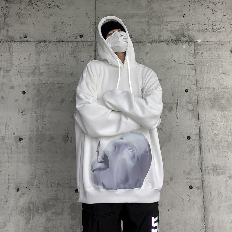 

2021 New Men's Thickened Graphic Printed Hoodie Man Hip Hop Korean Streetwear Hooded Sweatshirts Male Warm Clothing Cz99, White