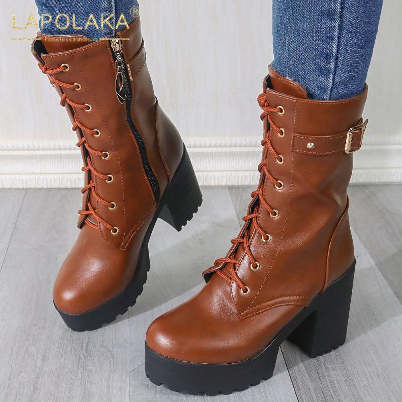 

Lapolaka 2020 Hot Sale Big Size 44 Platform Comfortable Shoes Woman Boots Chunky High Heels Zipper cross-tied Ladies Boots, Black
