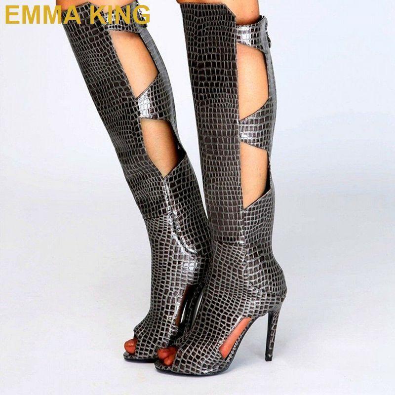 

Peep Toe Women Fashion Gladiator Sandals Knee High Summer Boots Cut Out High Heels Shoes Snakeskin PU Leather Sexy Ladies Boots1, Picture color