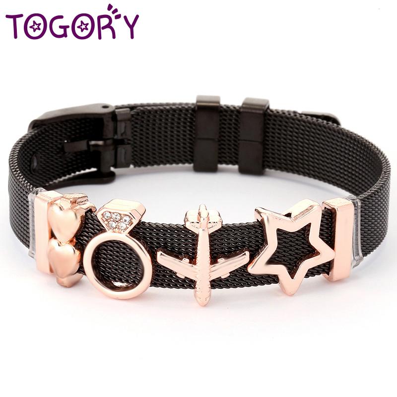 

TOGORY Jewelry Black Stainless Steel Mesh Bracelets Bangles with Star Charms Beads Fine Bracelets DIY Jewelry For Women Men Gift