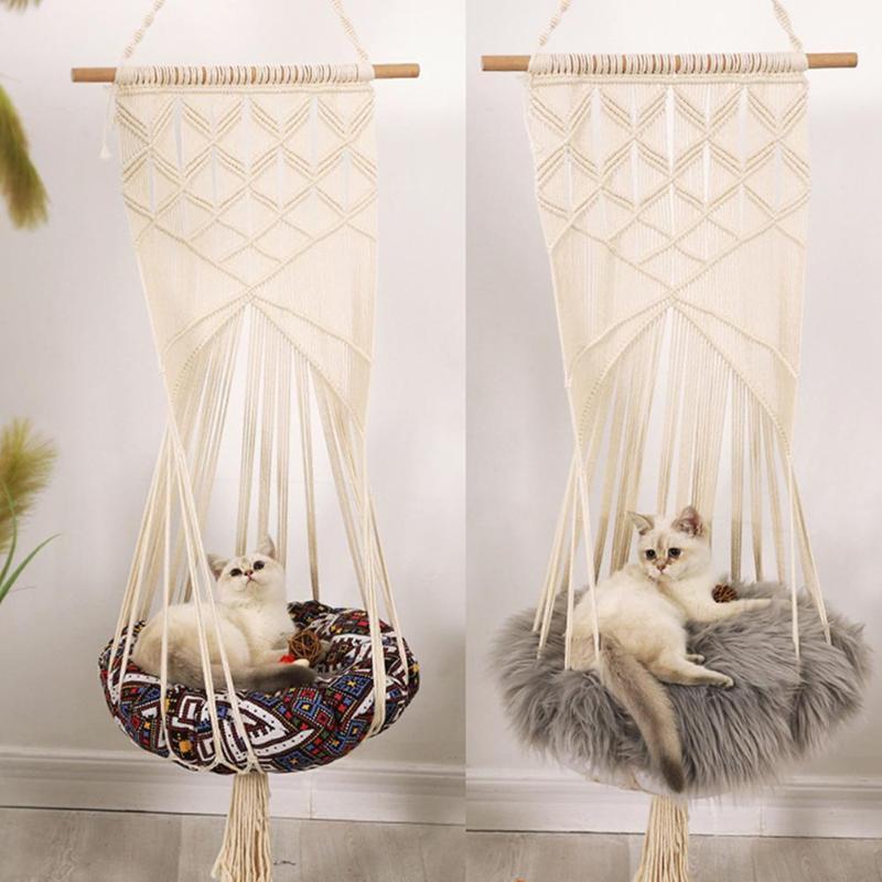 

Boho Style Cat Swing Cage Bed Handmade Hanging Sleep Chair Seats Tassel CatsToy Cotton Rope Macrame Tassel House Pets Supplies1