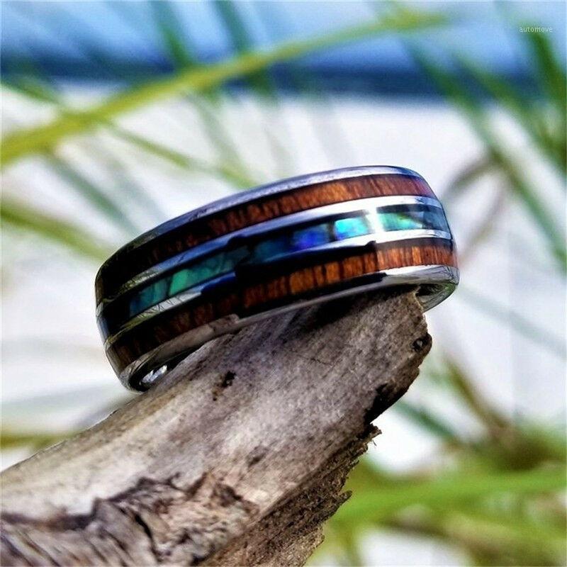 

Fashion 8mm Tungsten Carbide Stainless Steel Ring Wood and Abalone Shell Punk Men Women Wedding Engagement Ring Fit Size 4 to 141