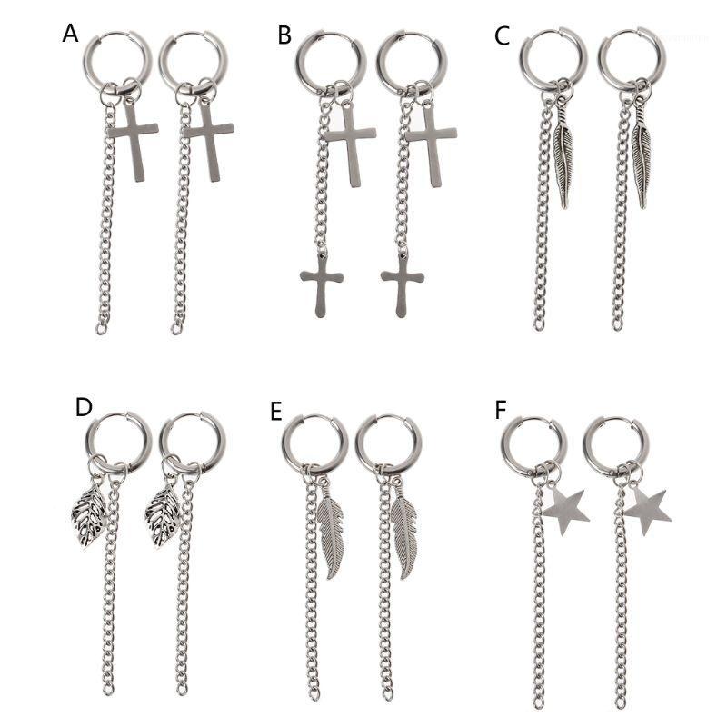 

Gothic Stainless Steel Cross Feather Star Leaf Chain Dangle Drop Hoop Earrings1