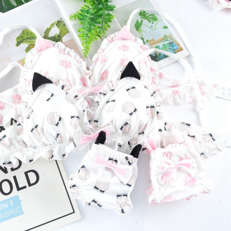 

Women Cute Lovely Three-dimensional Cat Ears Bra Sets Cat Print Bra and Underwear Panties Thin Milk Silk Female Lingerie Set1, White