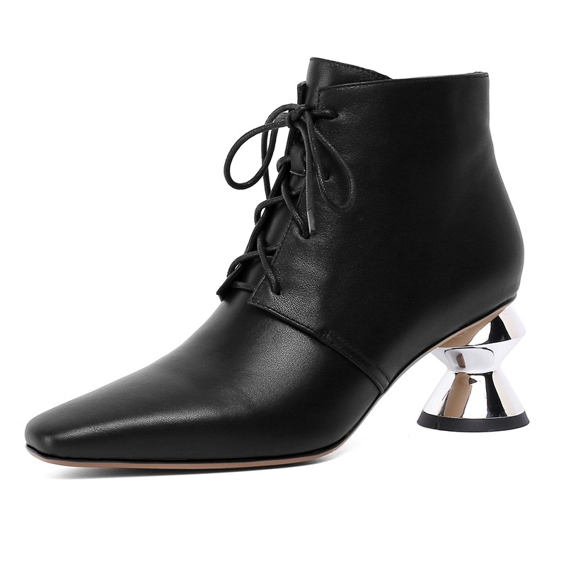 

2021 New Ankle Winter Toe Foot Woman's Lace Shoes Genuine Leather High Heels Black Working Boots 34-40 Wdp0