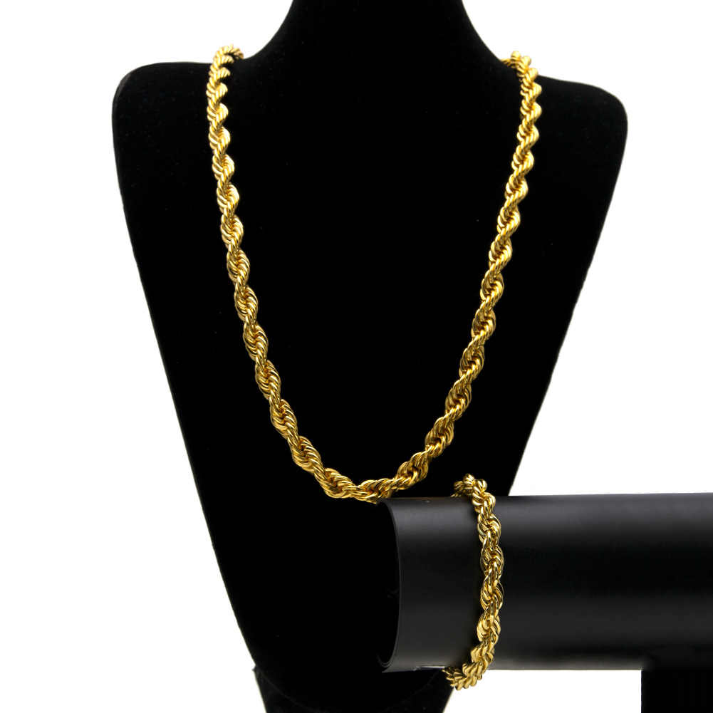 2pcs/set Mens 14k Gold Silver Twist Cuban Link Chains Necklaces and Hip Hop Fashion Jewelry Bracelets-image-645255893