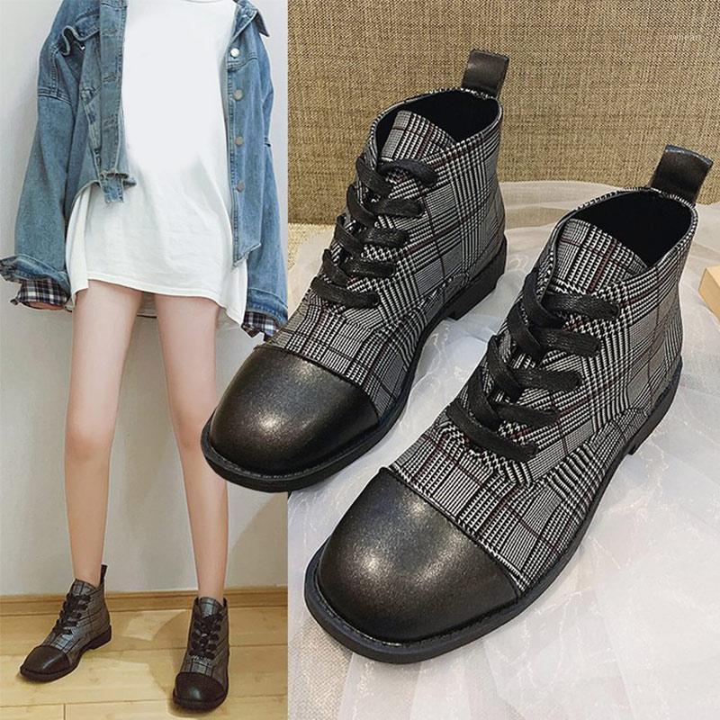 

Spring Woman Ankle Boots Lace Up Women's Shoes Square Toe Plaid Female Punk Short Boots PU Ladies Flats Gingham Mujer Botas New1, Gray