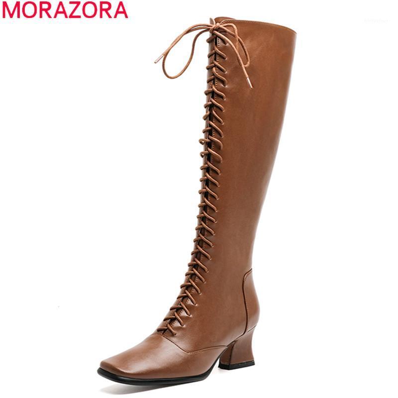 

MORAZORA 2021 New Arrival Women Boots Thick High Heels Square Toe Winter Boots Top Quality Black White Brown Knee High1