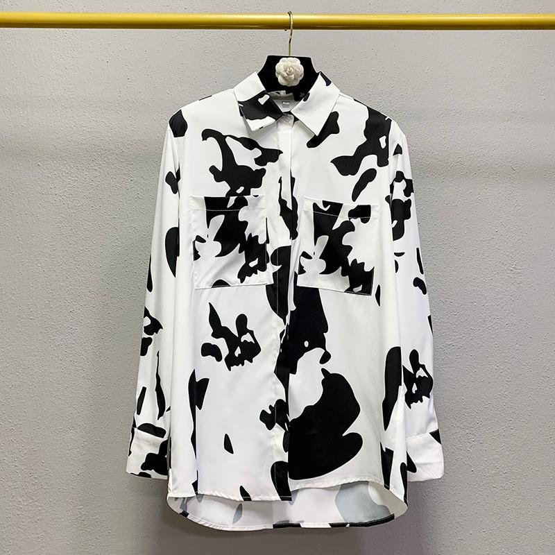 

SuperAen 2020 New Design Print Turn Down Collar Full Fashion All Match Blouse Women, Photo color
