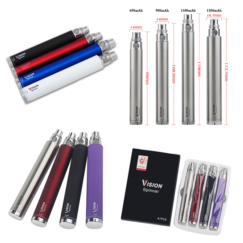 

MOQ 4Pcs Vision Spinner Batteries 650/900/1100/1300mAh Ego C Twist Variable Voltage VV Electronic Cigarette Battery For 510 Thread Atomizer