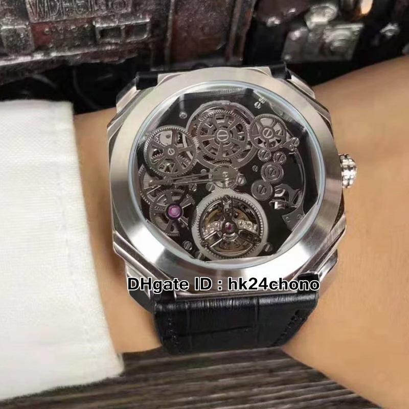 

New High Quality Watches Octo Finissimo Tourbillon 102719 Skeleton Dial Automatic Mens Watch Black Leather Strap Gent Sport Wristwatches
