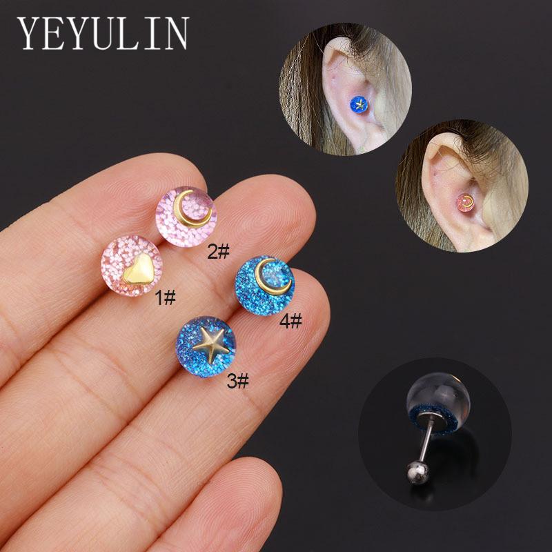 

1pc Stainless Steel Crystal Moon Star Stud Earrings For Women Sweet Blue Pink Stud Piercing Earrings Ear Bone Nails Jewelry