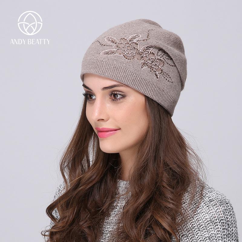

Andybeatty Women's Winter Hats Knitted Wool Skullies Casual Cap with Flower Pattern Gorros Thick Warm Bonnet Beanie Hat for girl, Black
